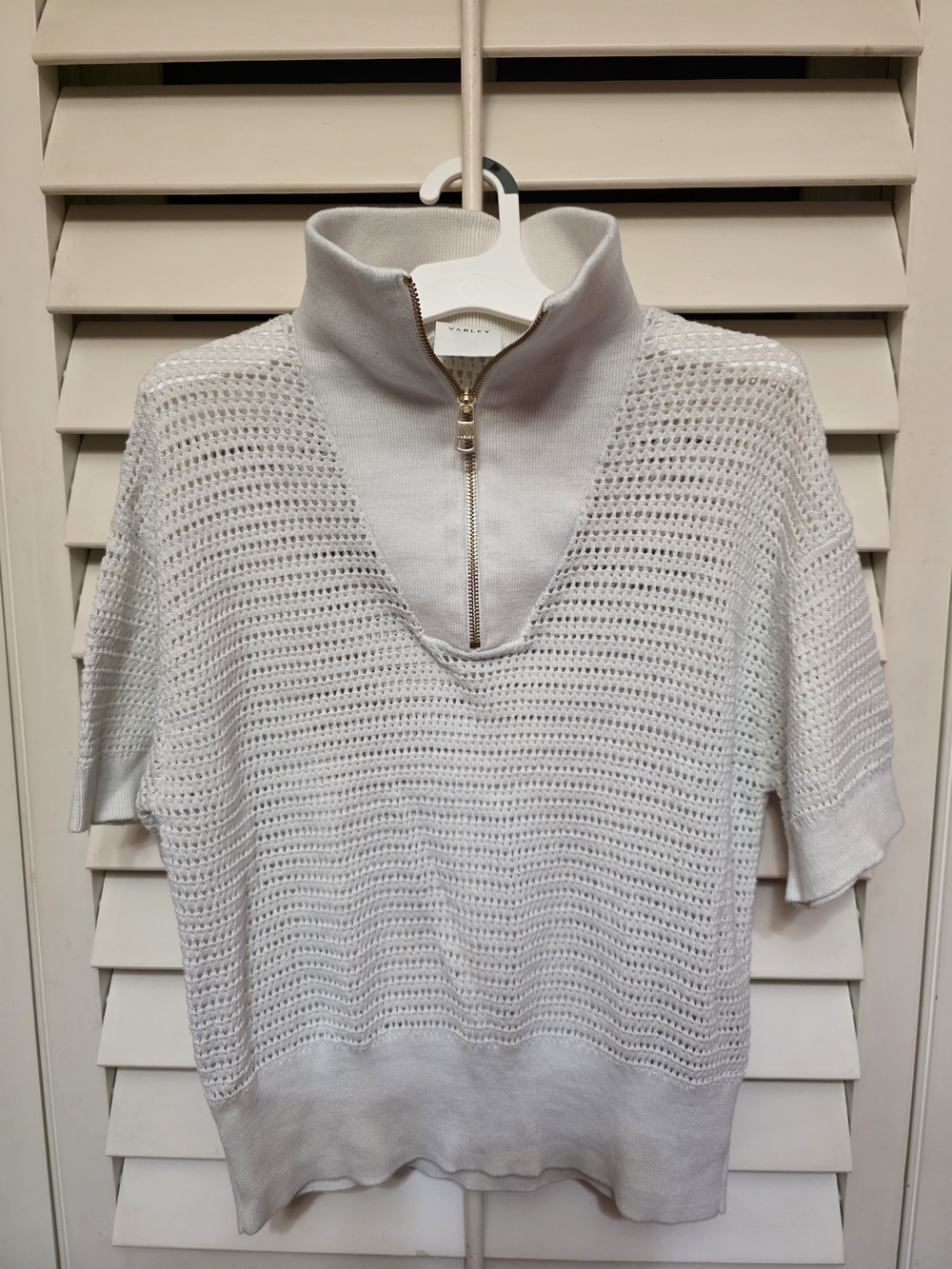 Varley White Open-Knit Half-Zip Cowl Sweater